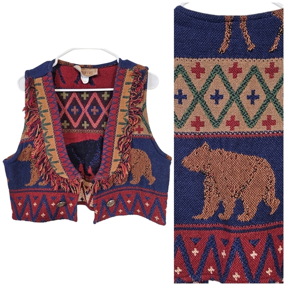 Painted Pony Jackets & Blazers - Painted Pony Tapestry Knit Southwestern Bear Country Concho Fringe Vest